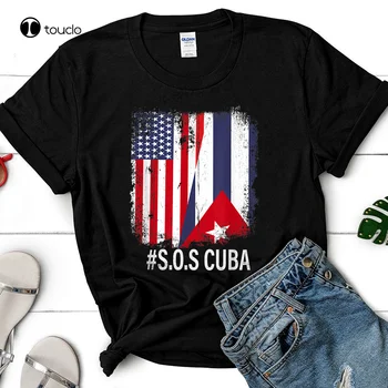 Új fél amerikai kubai zászló Sos Cuba Vintage Men Women Fekete póló Póló Pamut póló Custom Aldult Tini Uniszex pamut